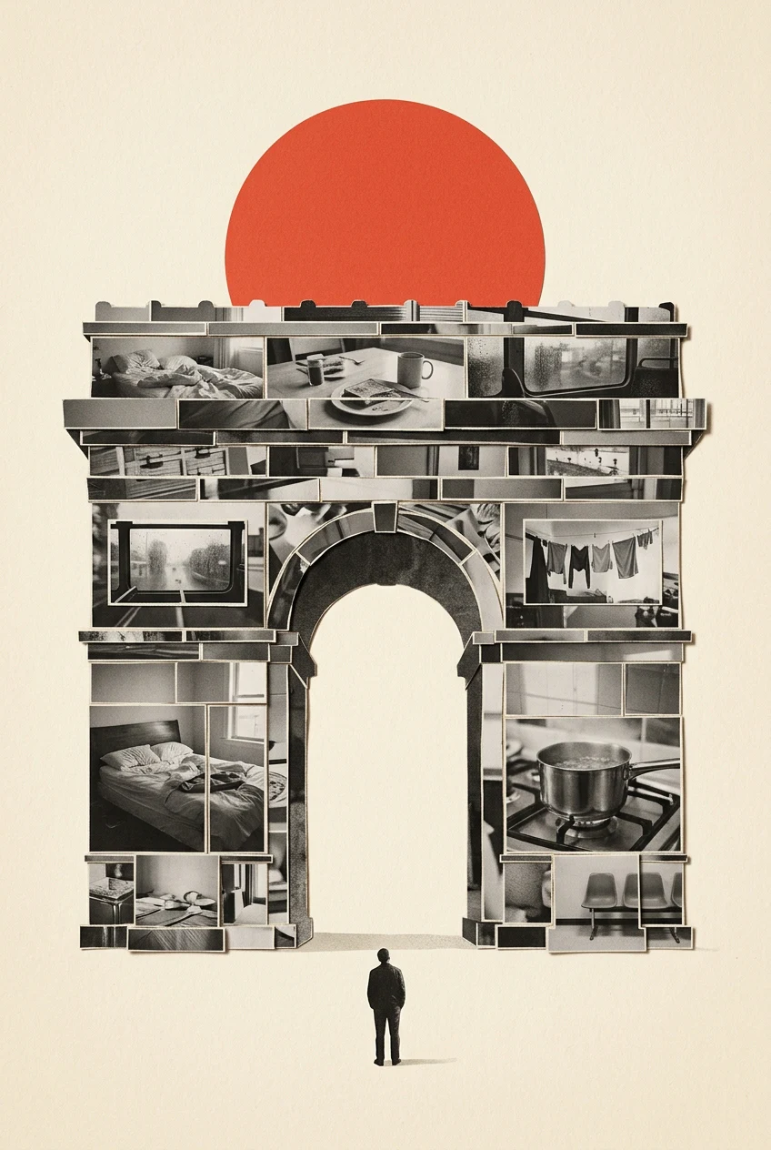 A collage triumphal arch built from monochrome photographs of ordinary moments, including an unmade bed, a breakfast table, a rainy bus window, a laundry line, and a pot on a stove, standing before a large red paper sun as a small lone figure looks up at it.